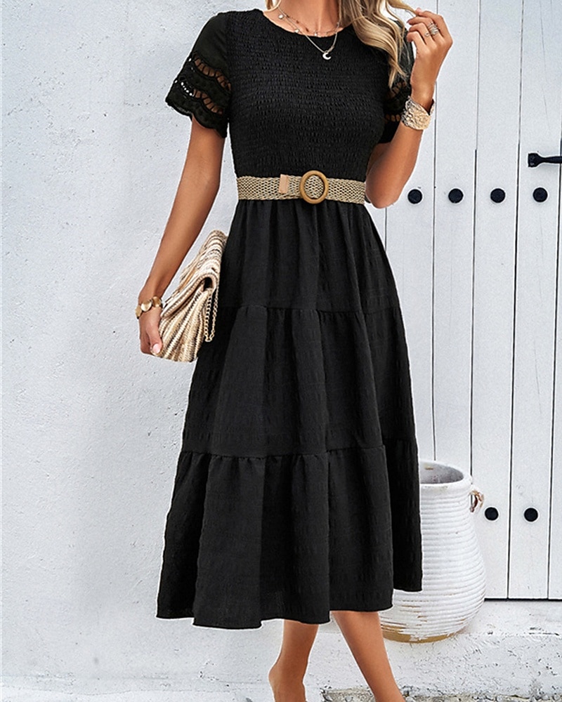 Pentru femei Rochii Midi Rochie albă Rochie de dantela Rochie casual Rochie de vară Modă În aer liber Concediu Dată Fit regulat Simplu Manșon scurt Stil Nautic Negru Alb Trifoi Vară Primăvară 2025 - $31.99 –P10