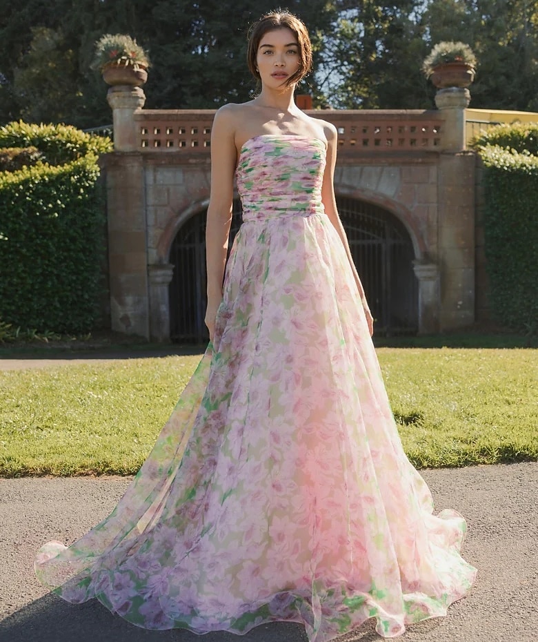 Rosa Blommig A-linjead Prom Klänningar Chiffon Elegant Formell Bröllop Klänning Gäst Golvlång Ärmlös Axelbandslös Bröllopsgästklänning 2025 - $183.99 –P4