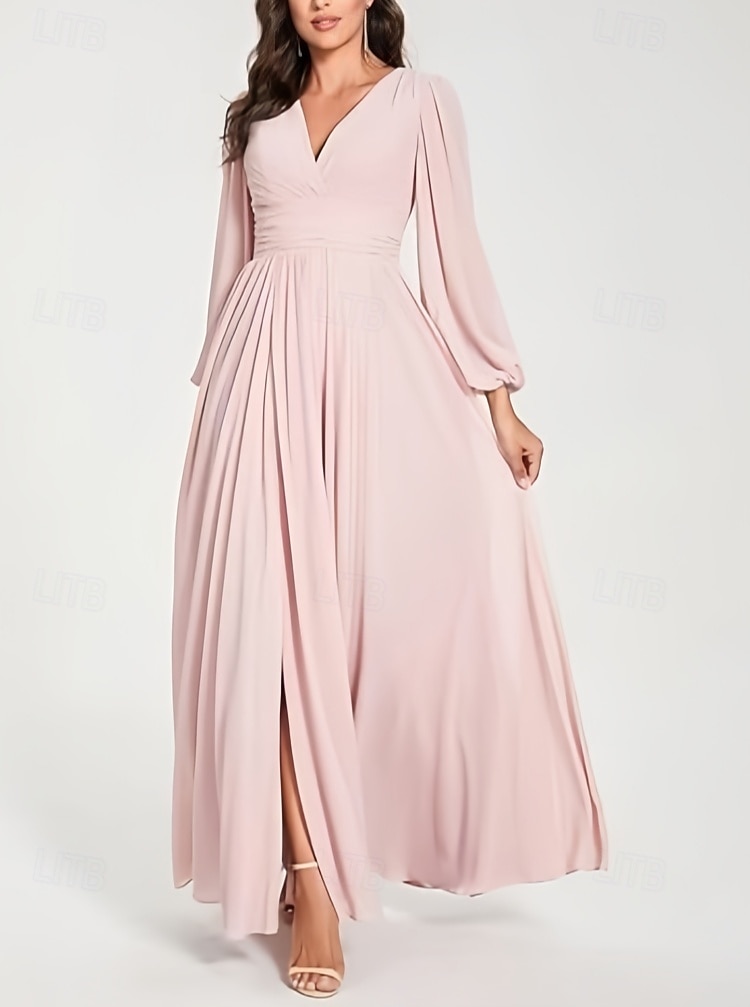 Linha A Vestido de Madrinha Decote V Manga Longa Elegante Longo Chiffon com Fenda Frontal / Franzido 2022 de 2025 por $157.99 –P1