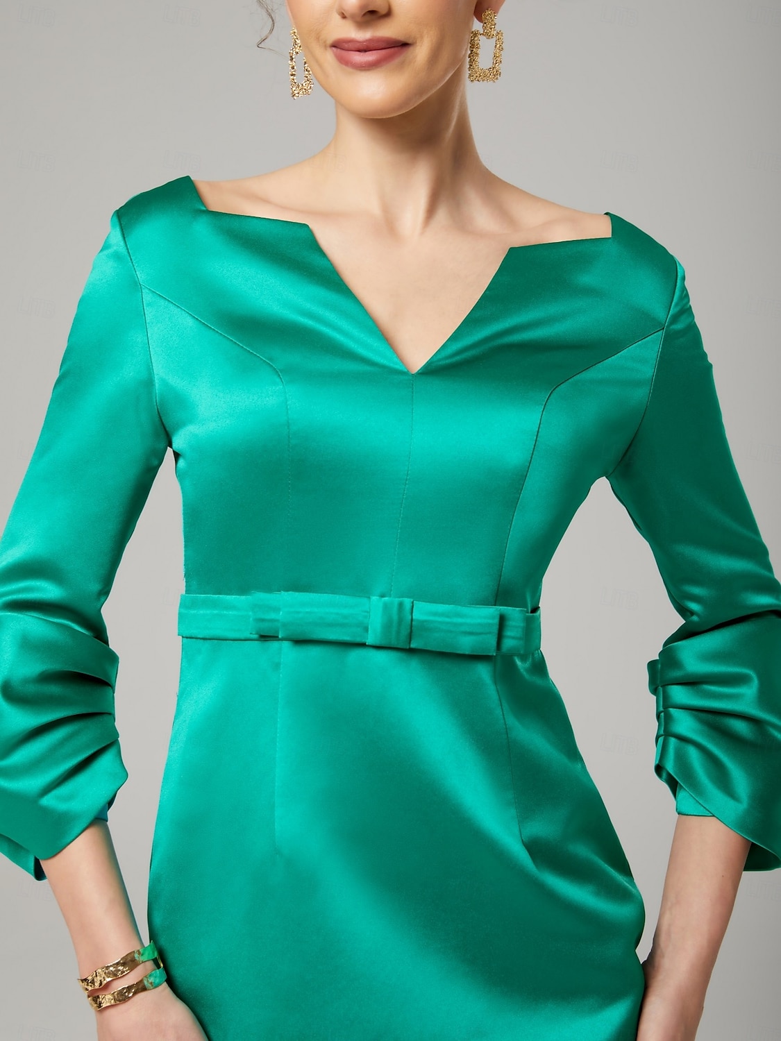 Sheath / Column Cocktail Dresses Elegant Dress Formal Wedding Guest Knee Length 3/4 Length Sleeve V Neck Satin with Bow(s) Dresses 2025 - $137.99 –P6