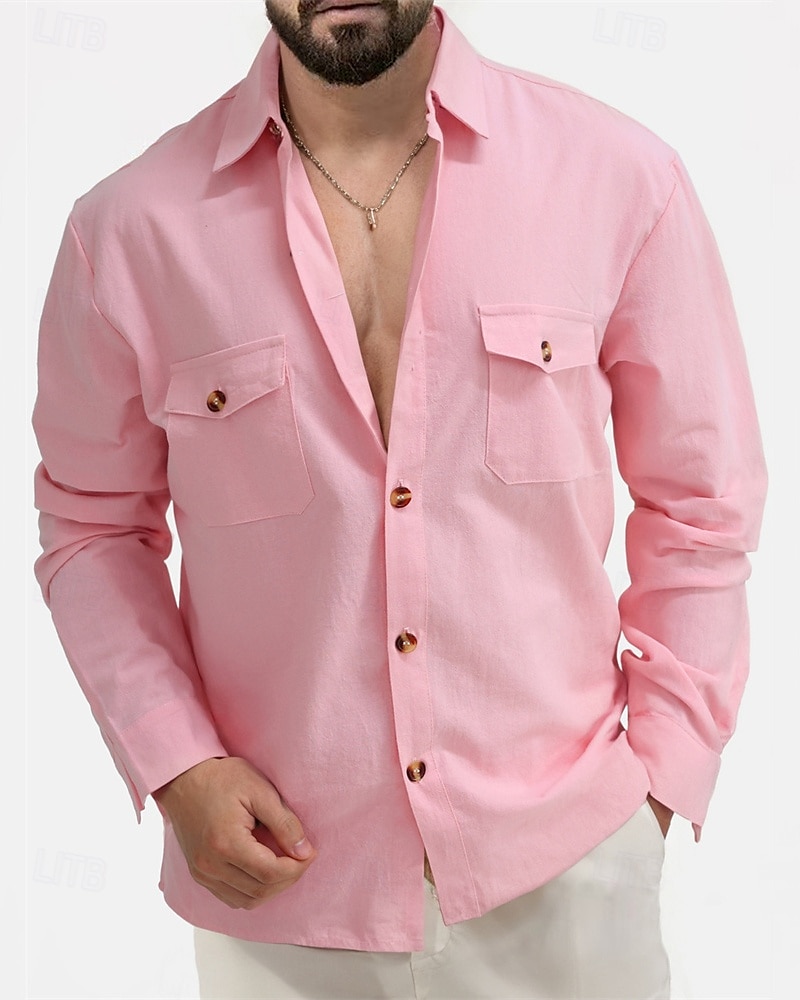 Men's Shirt Linen Shirt Casual Shirt Button Up Shirt Cotton Shirt Plain Vacation Hawaiian Black White Pink Beige Long Sleeve Lapel Summer Spring Clothing Apparel Front Pocket 2025 - $32.99 –P7