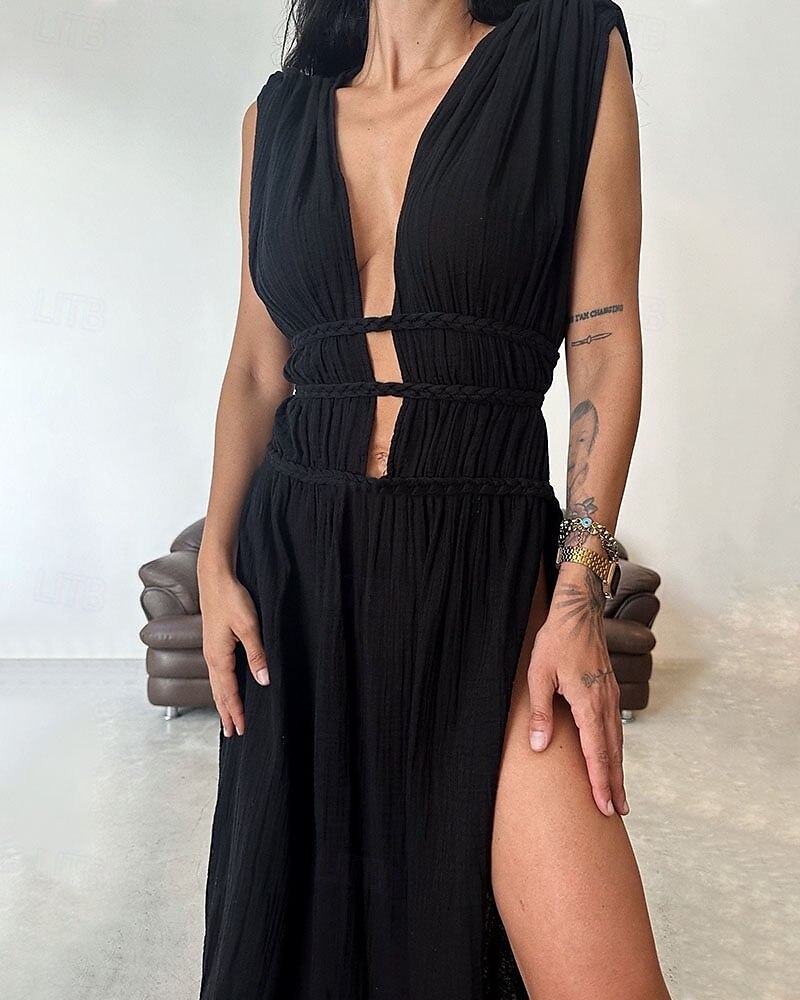 Pentru femei Rochie Lunga Rochie Maxi Rochii inspirate din in Rochie în carouri Rochie casual Rochie de vară Modă În aer liber Concediu Dată Fit regulat Simplu Fără manșon În V Negru Maro Bej Var 2025 - $36.99 –P8