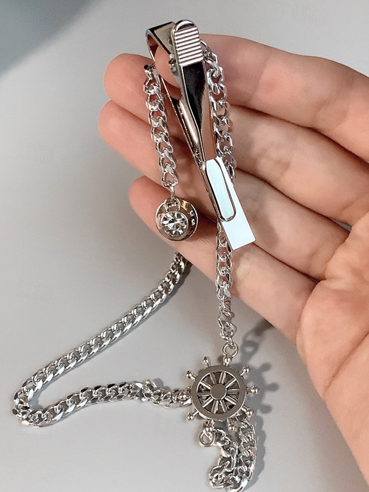 férfi ezüst nyakkendős lánc tengeri hajókerék-kialakítással – elegáns és stílusos kötőrúd-kiegészítő esküvőkre, üzleti és hivatalos eseményekre 2026 - $8.85 –P3