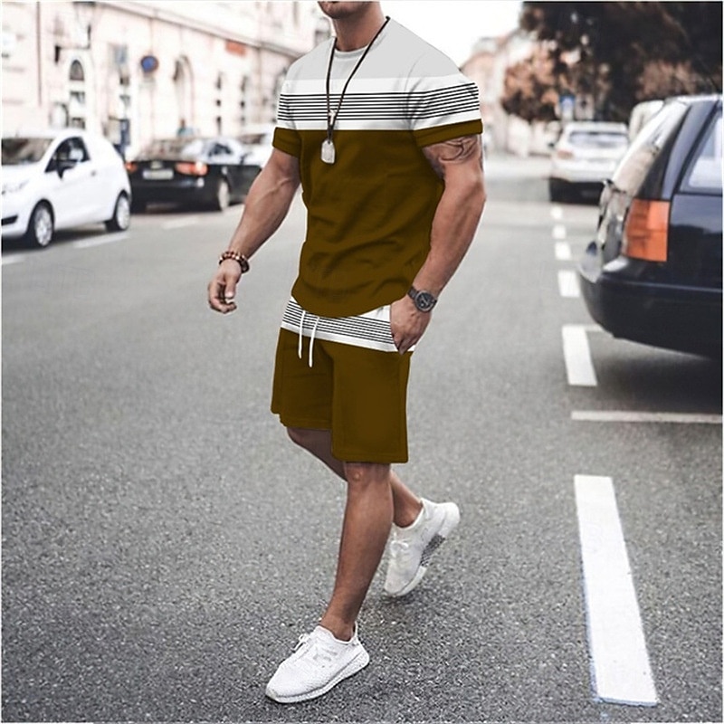 Men's T-shirt Suits Tee & Drawstring Waist Shorts 2 Pieces Outfits Tee & Shorts Short Sleeve Crewneck Summer Color Block Stripes Fashion Casual 2 Piece Vacation Daily Wear Going out Black Green Red 2025 - $19.49 –P6