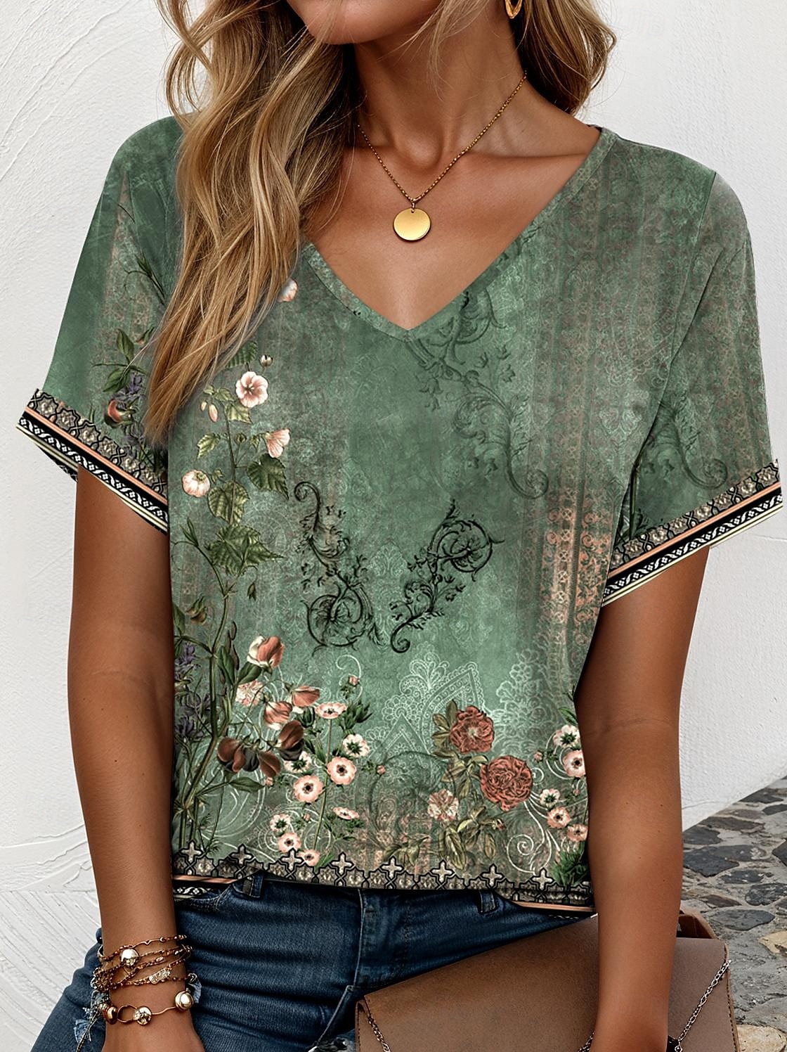St. Patrick Women's T Shirt Ombre Floral Graphic Elegant Vintage Casual Short Sleeve V Neck Regular Tops Daily Weekend Vacation Wear Print Sage Green Summer 2025 - $19.99 –P1