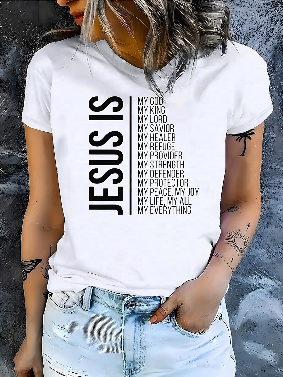 Women's 100% Cotton T Shirt Cotton Shirt Letter Casual Short Sleeve Round Neck Regular Tops Daily Print White Summer 2025 - $19.99 –P1