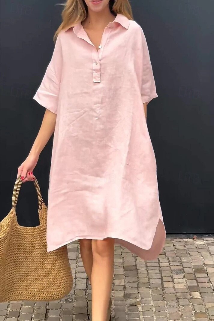 Women's Midi Dress Cotton Linen Dresses Casual Dress Basic Casual Vacation Daily Loose Fit Plain Half Sleeve Shirt Collar Yellow Pink Blue Khaki Summer Spring Fall 2025 - $26.99 –P4
