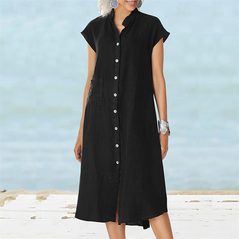Pentru femei Rochie Lunga Rochie Maxi Rochii inspirate din in Rochii Tip Cămașă Rochie casual Rochie din in bumbac Stilat Casual Vacanță Zilnic Dată Fit regulat Simplu Manșon scurt Guler de stand 2025 - $22.99 –P5