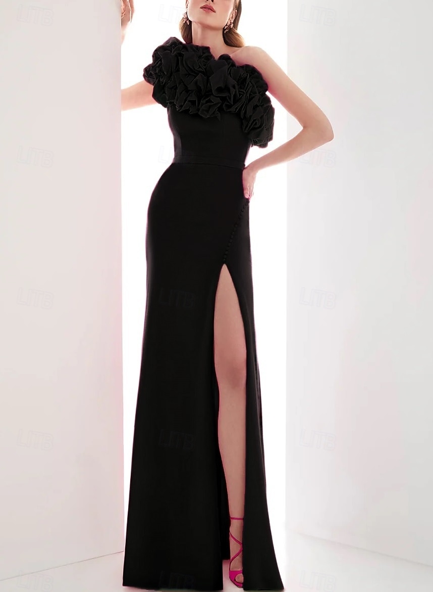 Robe de Soirée A-Line Rose Rouge Élégante Robe Formelle Mariage Longue au Sol Sans Manches Une Épaule Capes Crêpe Élastique avec Fleur sur l'Épaule de 2025 ? $166.99 –P3