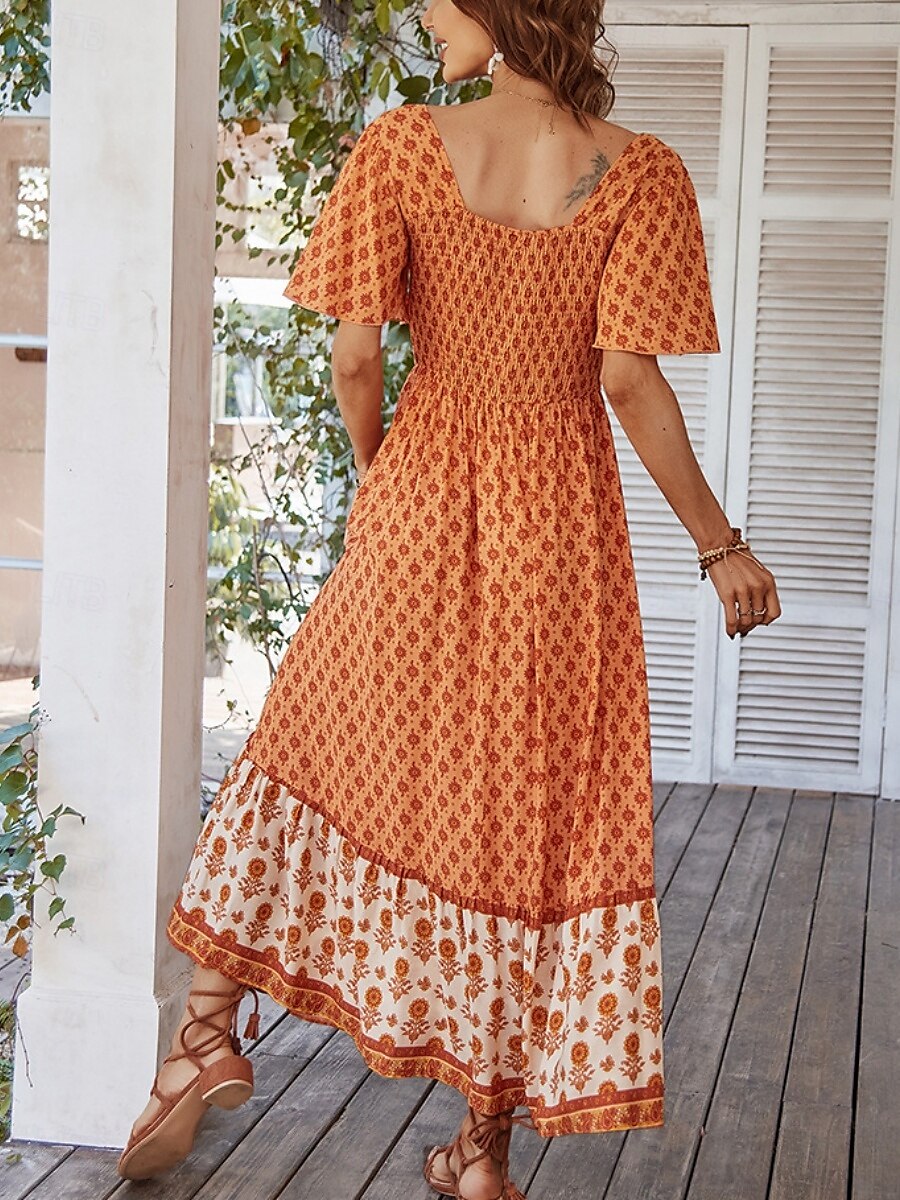 Damskie Sukienka maxi Codzienne sukienki Sukienka rozkloszowana Sukienka A line Elegancki Codzienny Urlop Codzienny Regularny Kwiaty Krótki rękaw Kwadratowy dekolt Żółty Rumiany róż Pomarańczowy 2025 - $33.99 –P2