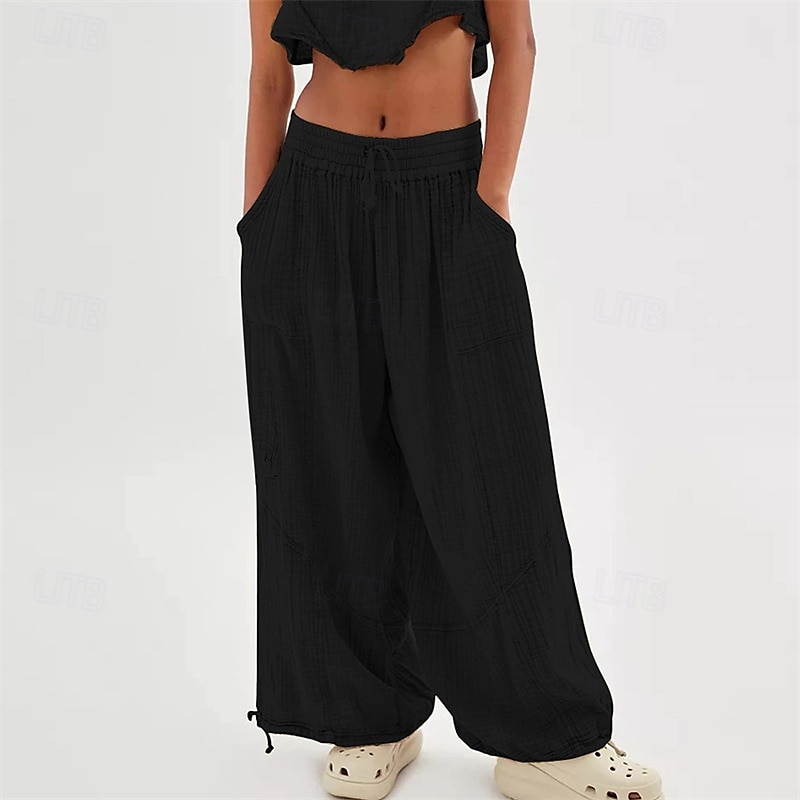 pantaloni din bumbac și pânză pentru femei, îmbrăcăminte stradală la modă, confort, lungime, talie înaltă, șnur simplu, talie elastică, șnur confortabil în aer liber, ținută confortabilă de zi cu zi 2025 - $18.99 –P6