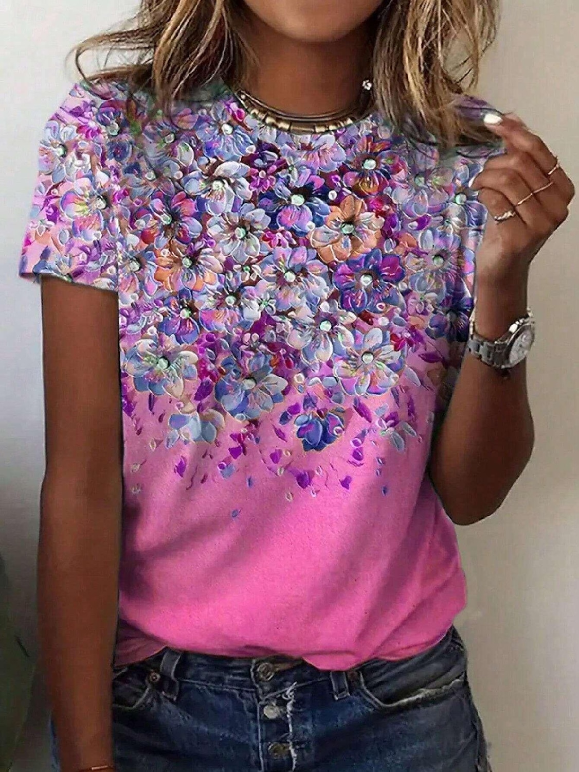 Women's T Shirt Floral Casual Short Sleeve Round Neck Regular Tops Daily Print Pink Blue Green Summer 2025 - $19.99 –P4