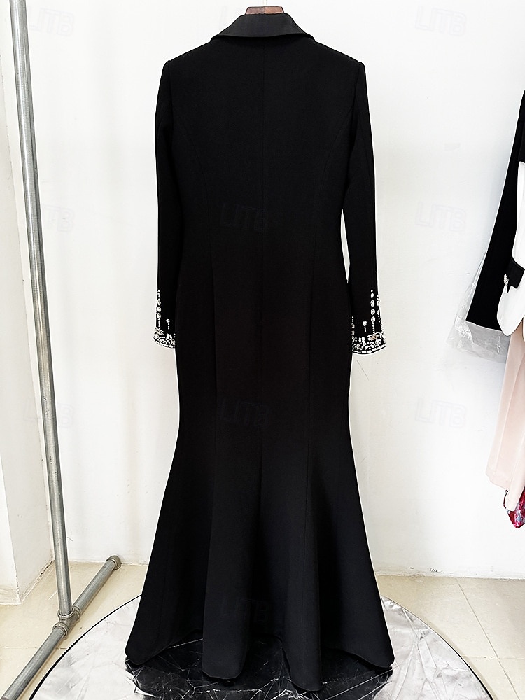 Blazer Dress A-Line Mother of the Bride Dress Tuxedo Dress Elegant High Split Shirt Collar Floor Length Stretch Fabric Long Sleeve with Crystals 2025 - $199.99 –P5