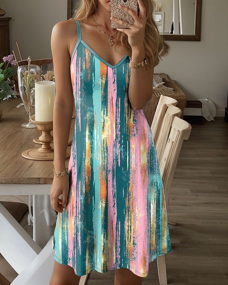 Damen Mini Kleid Freizeitkleid Petite Kleid Sommerkleid Urlaub Freizeit Täglicher Urlaub Regular Fit Grafischer Streifen Ärmellos V-Ausschnitt Grün Sommer 2025 - $21.99 –P2