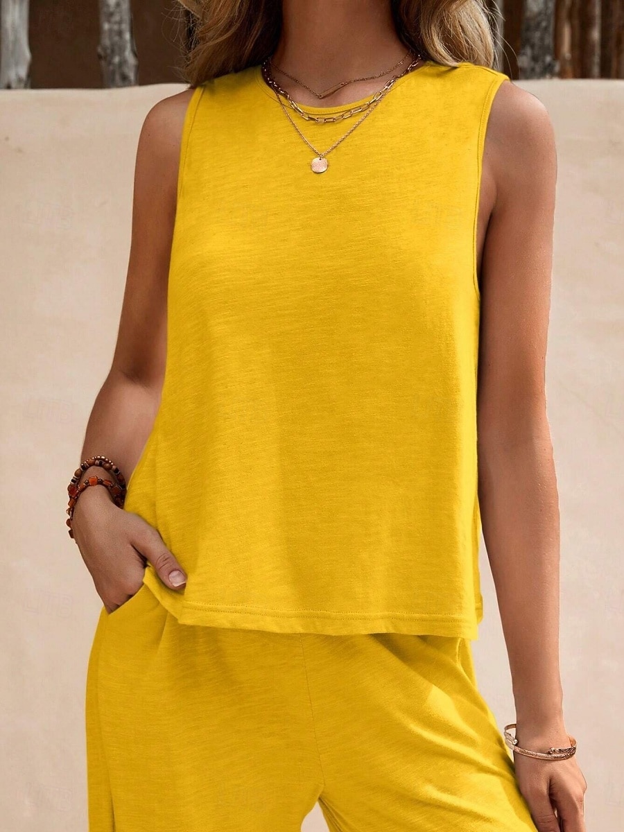 Women's Shirt Linen-feel Set Two Piece Sets Wide Leg Pants Sleeveless Crew Neck Plain Fashion Streetwear Daily Casual Daily Black Yellow Army Green Summer Regular Fit 2026 - $10.49 –P13