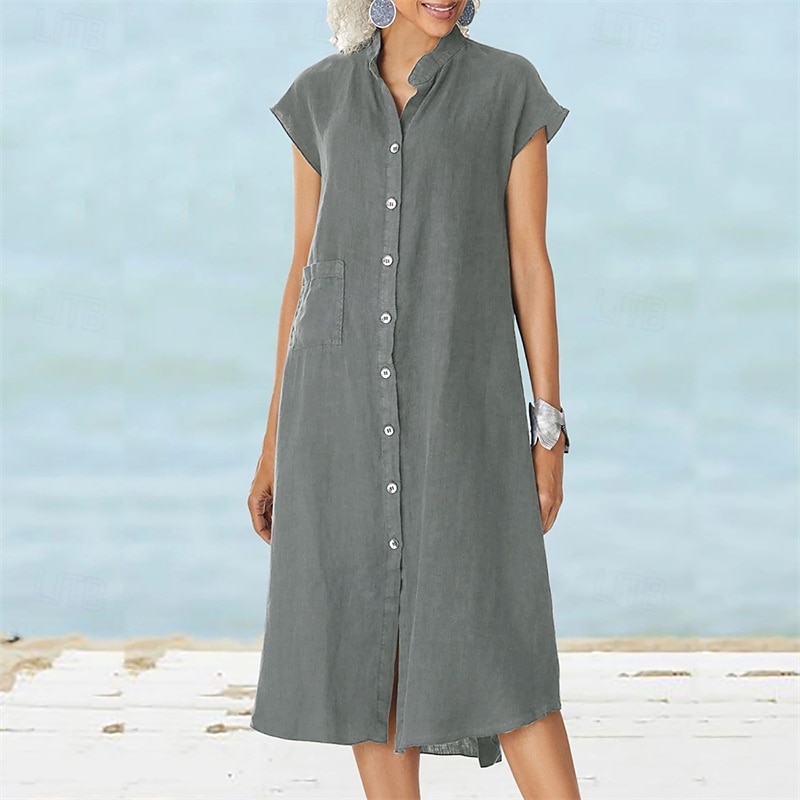 Pentru femei Rochie Lunga Rochie Maxi Rochii inspirate din in Rochii Tip Cămașă Rochie casual Rochie din in bumbac Stilat Casual Vacanță Zilnic Dată Fit regulat Simplu Manșon scurt Guler de stand 2025 - $22.99 –P3