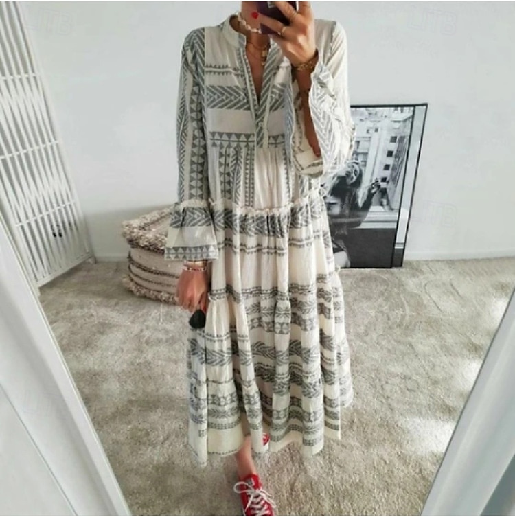 Women's Maxi Dress T Shirt Dress Tee Dress Sundress Ruffle Dress Fit And Flare Dress Vacation Vacation Daily Regular Fit Graphic Long Sleeve V Neck Red Gray Summer 2025 - $24.99 –P5