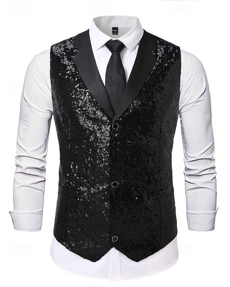 Men's Vest Waistcoat Gilet Performance Vacation Stage Fashion Casual Summer Spring Sequins Buttons Pocket Polyester Comfortable Plain Single Breasted One-button Lapel Regular Fit Silver Black Vest 2025 - $33.99 –P9