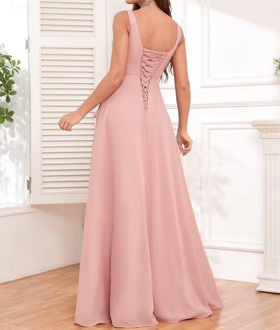 Linha A Vestido de Madrinha Correias / Decote Quadrado Sem Manga Elegante Longo Chiffon / Elastano com Pregas / Fru-Fru / Pregueado 2022 de 2025 por $162.99 –P2