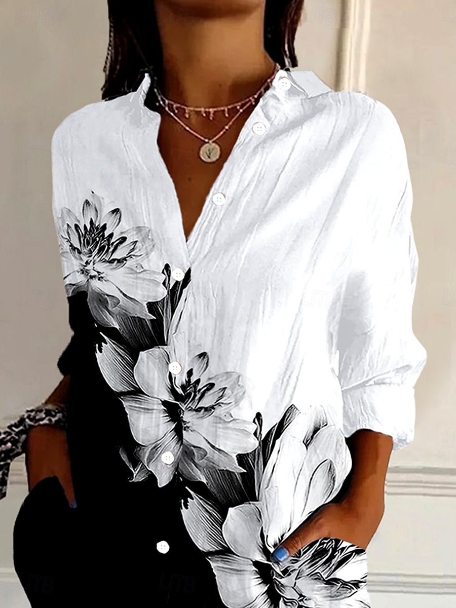 Camicia da donna a manica lunga in cotone blouse floreale grafica stile quotidiano retro vintage camicia a manica 3/4 colletto top regolari vacanze quotidiane uscire bottoni neri estate primavera del 2025 a $32.99 –P2