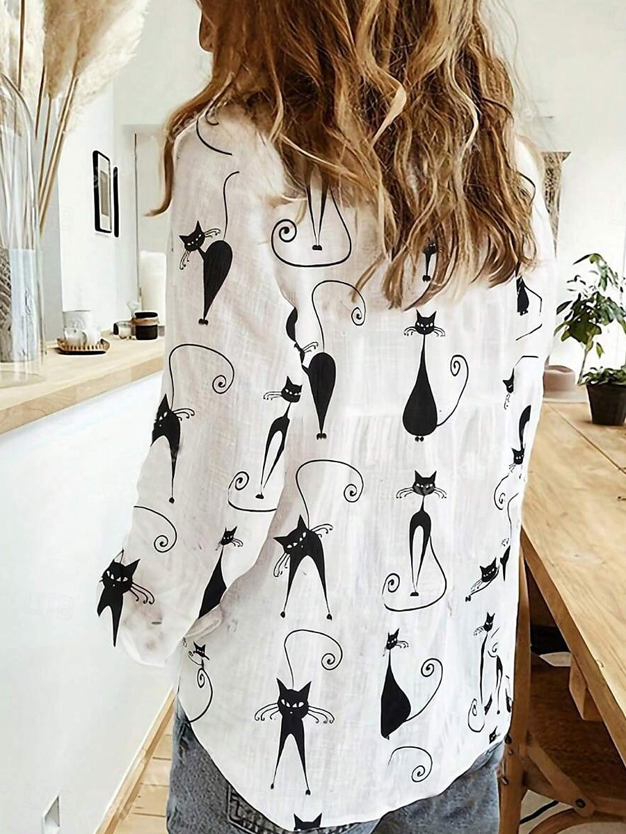 Damen Hemd Katze Lässig Langarm Hemdkragen Normale Oberteile Täglich Knöpfe Druck Weiß Frühling Herbst 2025 - $32.99 –P2