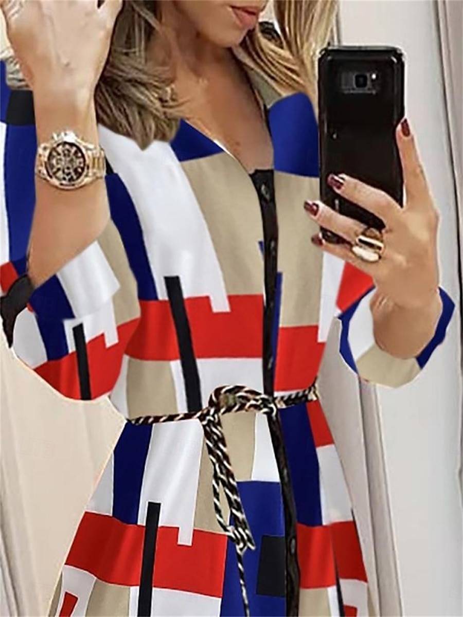 Dame Midikjole Bodycon kjole Fritid Arbeid Avslappet Daglig Normal Grafisk Langermet V-hals Navyblå Grønn Regnbue Sommer Vår 2025 - $32.99 –P7