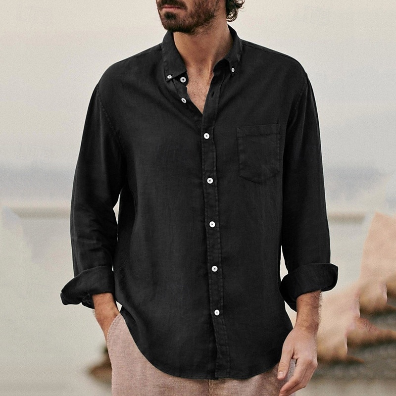 Per uomo Camicia Maglietta informale Camicia con bottoni Camicia di cotone Liscio Da mare Strada Nero Marrone Verde Grigio Manica lunga Bavero Primavera Abbigliamento Tasche del 2025 a $21.99 –P5