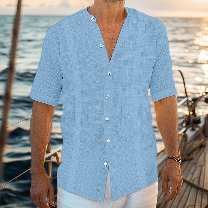 Per uomo Camicia camicia di lino Camicia Guayabera Camicia con colletto a fascia Camicia estiva Abbigliamento mare Liscio Da mare Curise Nero Bianco Blu Verde Manica corta Colletto Estate del 2025 a $22.99 –P5