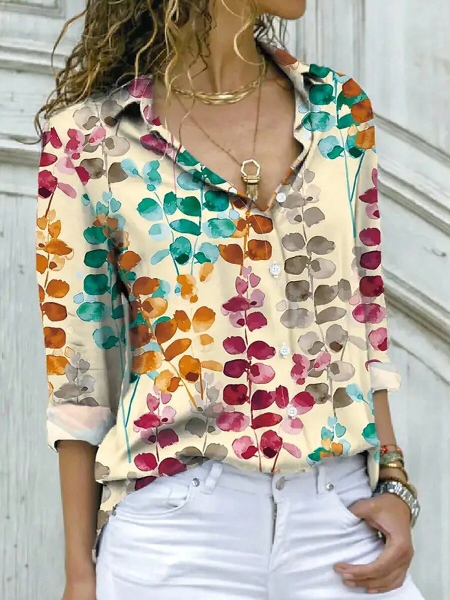 Women's Shirt Leaves Casual Long Sleeve Shirt Collar Regular Tops Work Daily Buttons Print Khaki Spring Fall 2025 - $32.99 –P2