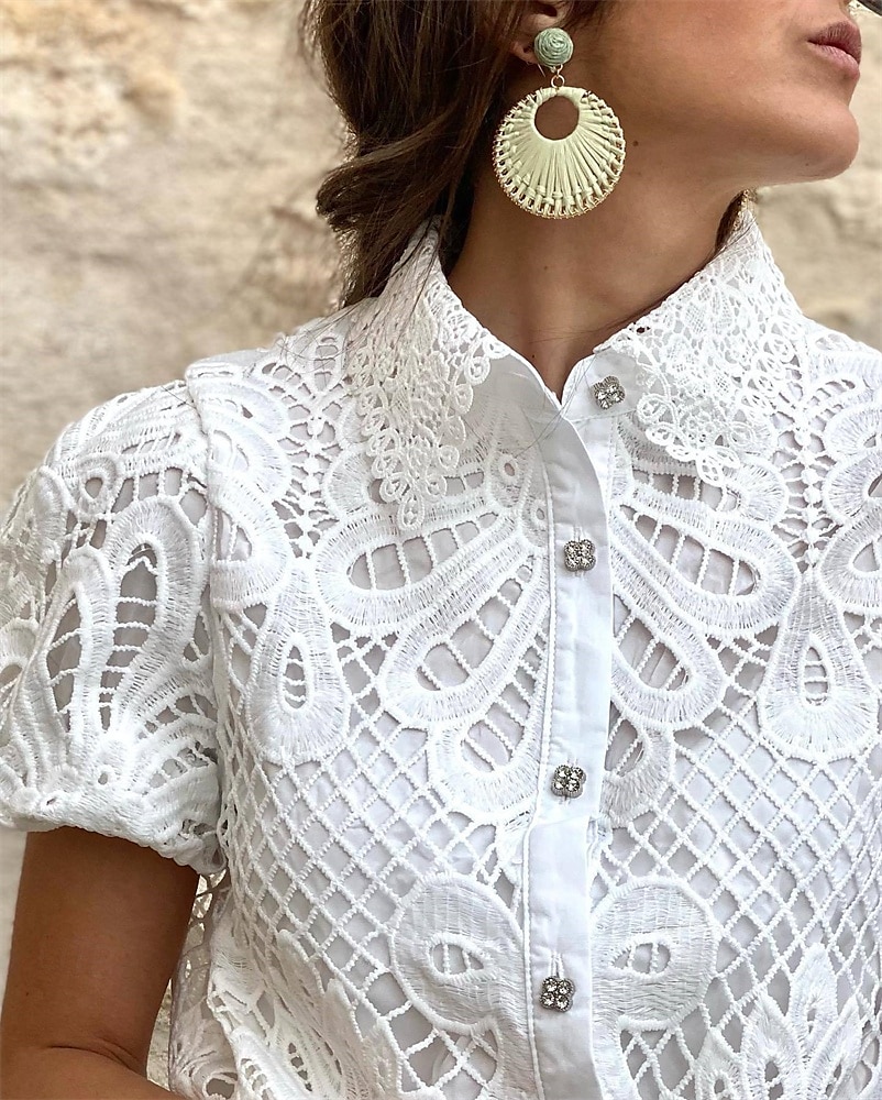 Mulheres Blusa Topo de ilhó Tops de renda Vazado Botões Tecido Diário à moda Básico Manga Curta Colarinho de Camisa Tops regulares Diário Trabalho Feriado Branco Rosa cor de Rosa Primavera Outono de 2026 por $32.99 –P3