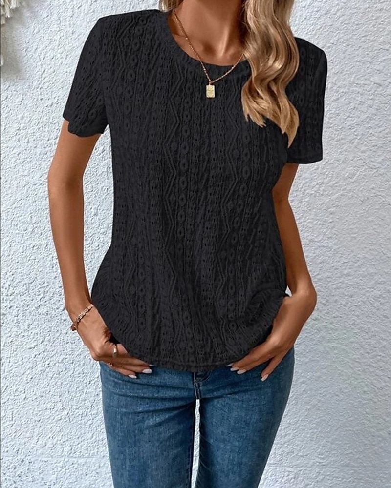 Жен. Блуза Ушко сверху Кружевные топы Полотняное плетение Повседневные Стиль Классический С короткими рукавами Вырез под горло Обычные топы Офис Повседневные Праздники С отверстиями 2025 - $21.99 –P8