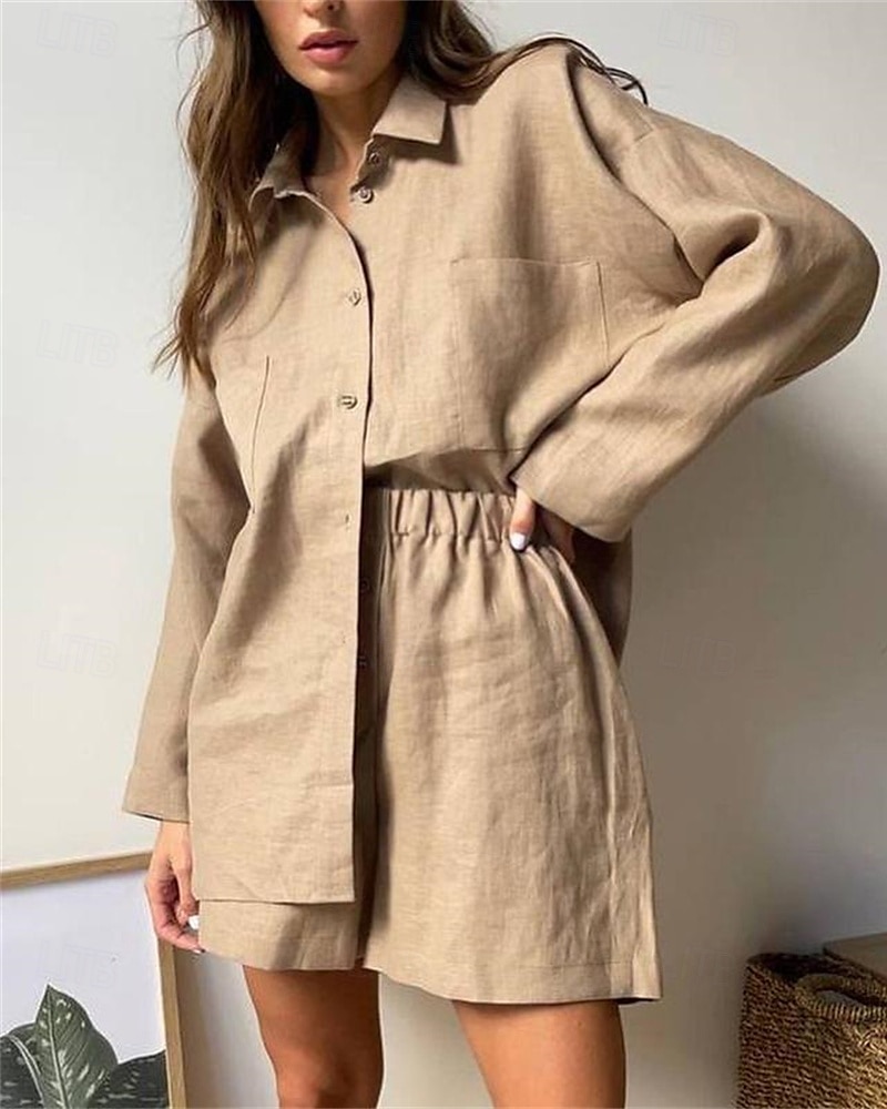 Pentru femei Modă Șic Stradă Cămașă Seturi inspirate de in Seturi din două piese Pantaloni scurți de plajă Pantaloni scurți largi Manșon Lung Guler Cămașă Culoare solidă Cordon Vacanță Purtare Zilnică 2025 - $27.99 –P2