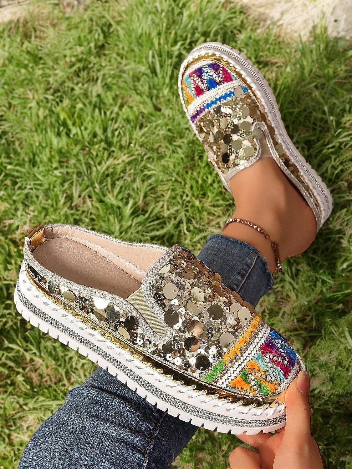 dámské zlaté flitrové tenisky na platformě mules – třpytivé slip-on boty s vyšívanými detaily pro festivaly, párty a street fashion 2025 - $34.99 –P9
