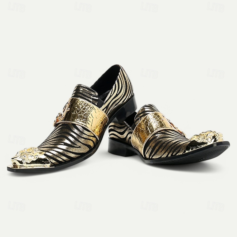 Ποιοτικά Δερμάτινα Loafers για Άνδρες με Χρυσή Μύτη Τολμηρό Σχέδιο Ζέβρας και Διπλή Αγκράφα–Μοδάτα Άνετα Παπούτσια για Επίσημες και Μοντέρνες Περίστασεις 2025 - $119.99 –P5