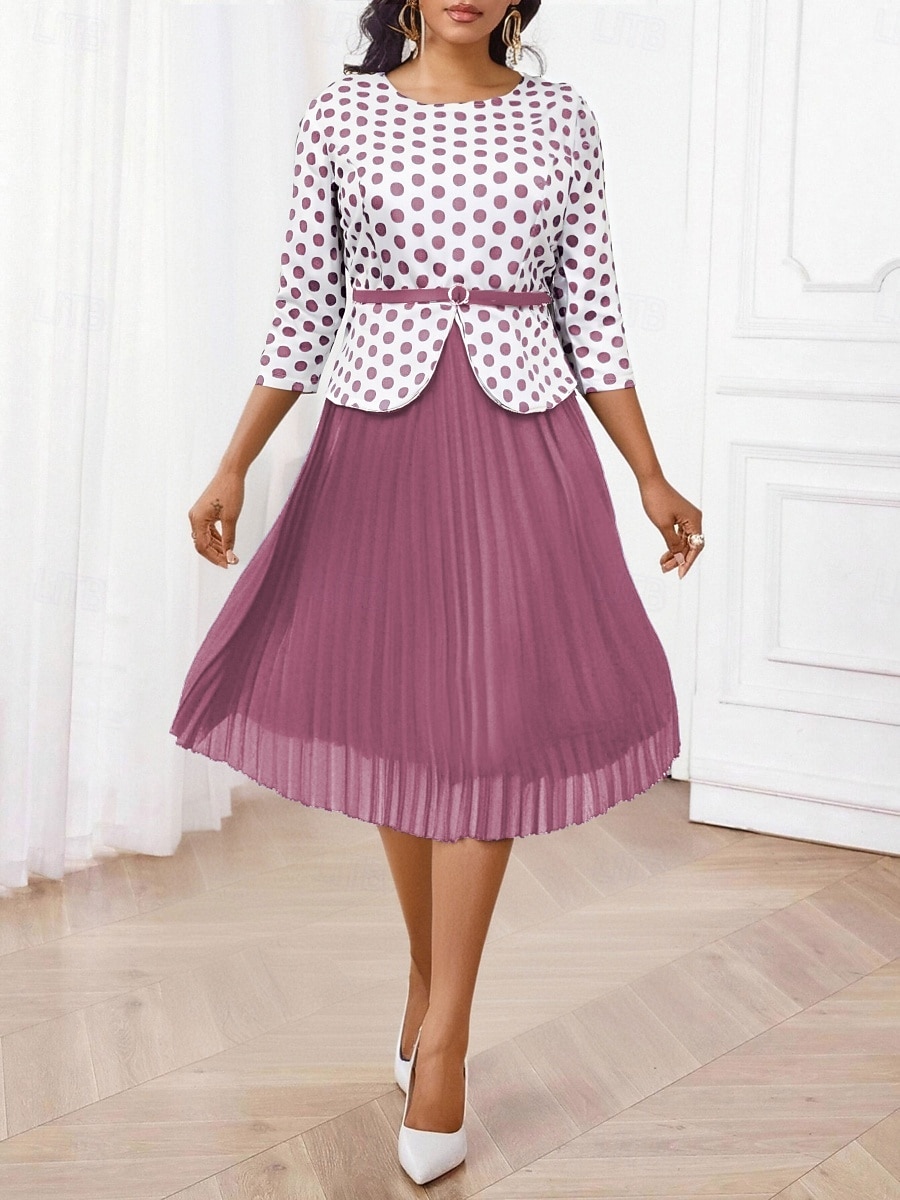 Femme Robe Ensemble Robe casual Jupe Ensemble Décontractées Pois Patchwork Imprimer Robe mi-longue Manches 3/4 Col Ras du Cou Extérieur du quotidien Rose Claire Eté Printemps Standard de 2025 ? $41.99 –P1