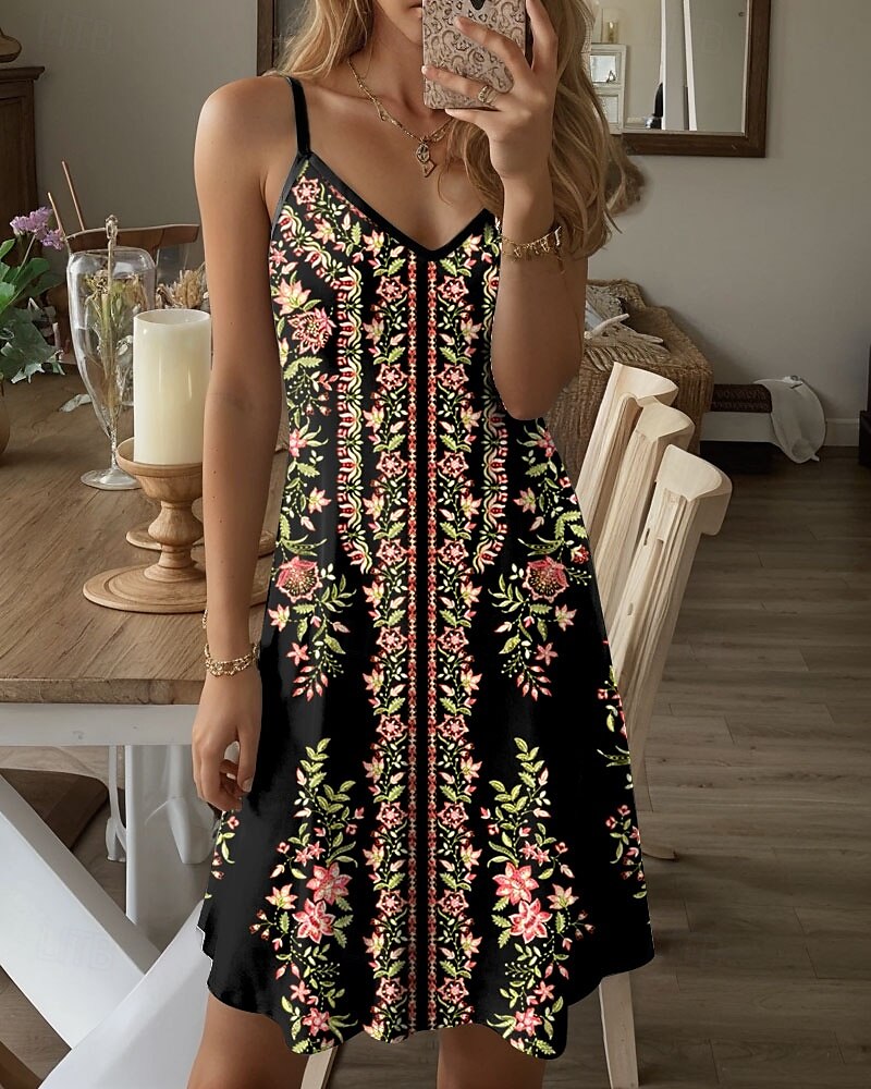 Dames Mini Jurk Casual Jurk Petite Jurk Zomerjurk Vakantie Casual Vakantie Dagelijks Feest Regular Fit Bloemachtig Grafisch Mouwloos V Hals Zwart Zomer 2025 - $21.99 –P2
