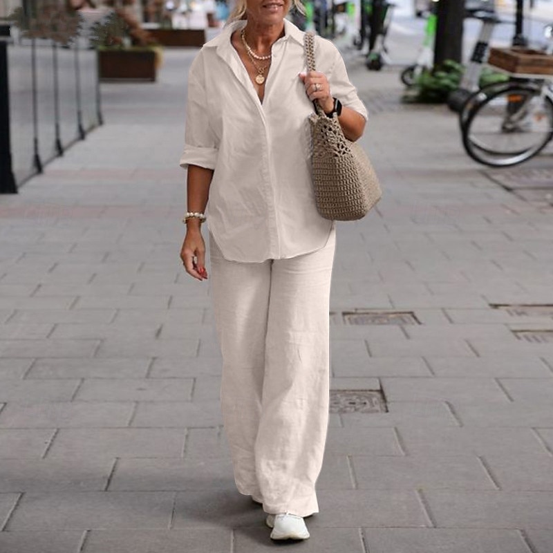 Women's Fashion Streetwear Shirt Linen-Inspired Sets Two Piece Sets Linen Pants Pants Trousers Long Sleeve Shirt Collar Solid Color Daily Wear Date Army Green Dark Navy Khaki Spring Regular Fit 2025 - $30.99 –P2