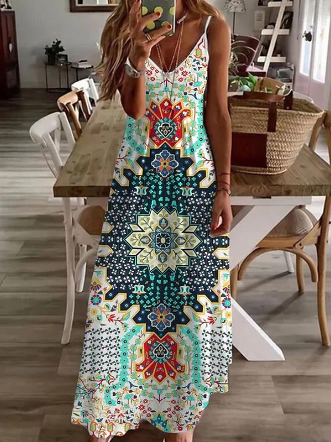 Sukienka maxi sukienka na lato sukienka w kształcie litery A sukienka letnia boho wakacyjna vintage casual codzienna regular fit geometryczna bez rękawów dekolt w serek zielony lato wiosna 2025 - $34.99 –P1