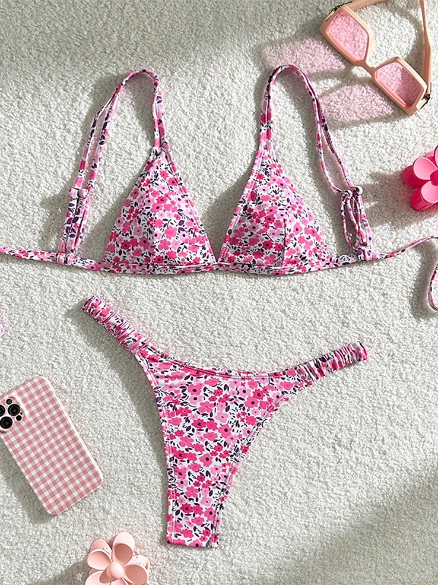 Dames Zwemkleding Bikini 2 stuks String Zwempak Blote rug Slank Vakantie Strand Kleding Bloemig V-hals Mouwloos Badpakken 2025 - $22.99 –P5