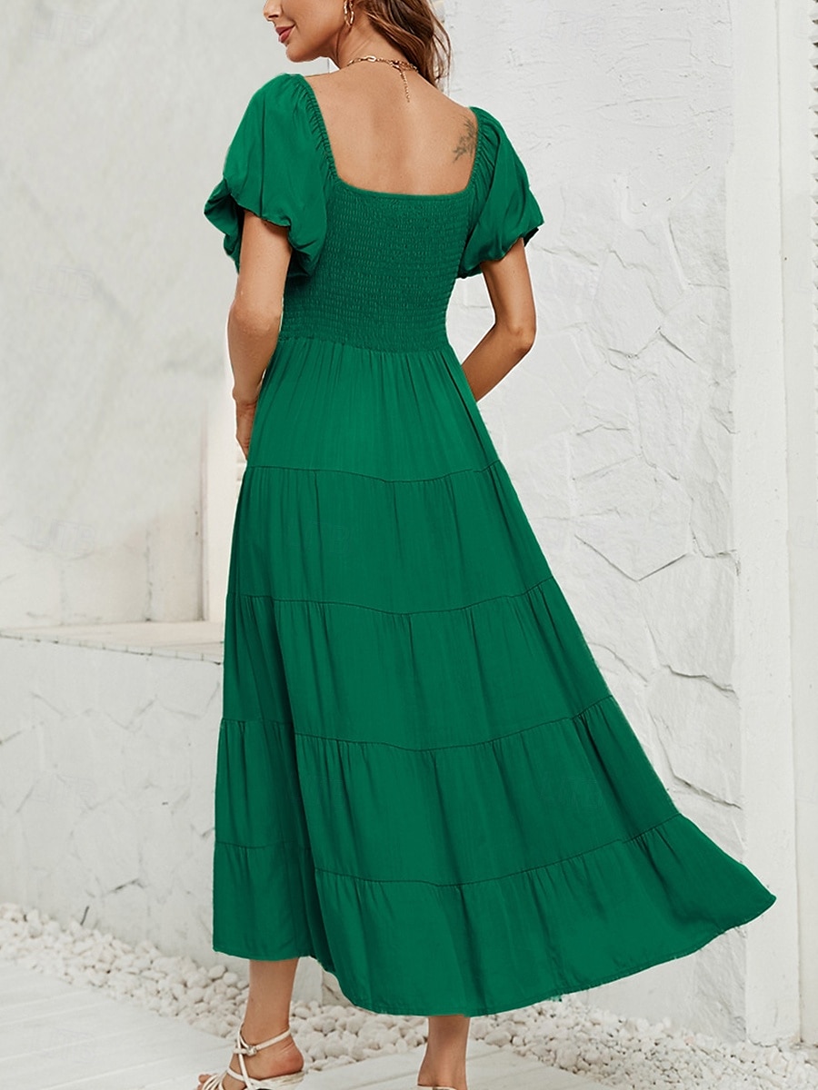 Abito Midi Femminile Abito A Linea Abito a Colore Unito Abito da Latte Abito Off The Shoulder Abito Manica Puff Vacanza Vacanza Fit Regolare Semplice Senza Maniche Collo a V Nero Verde Chiaro Rosa del 2025 a $34.99 –P2