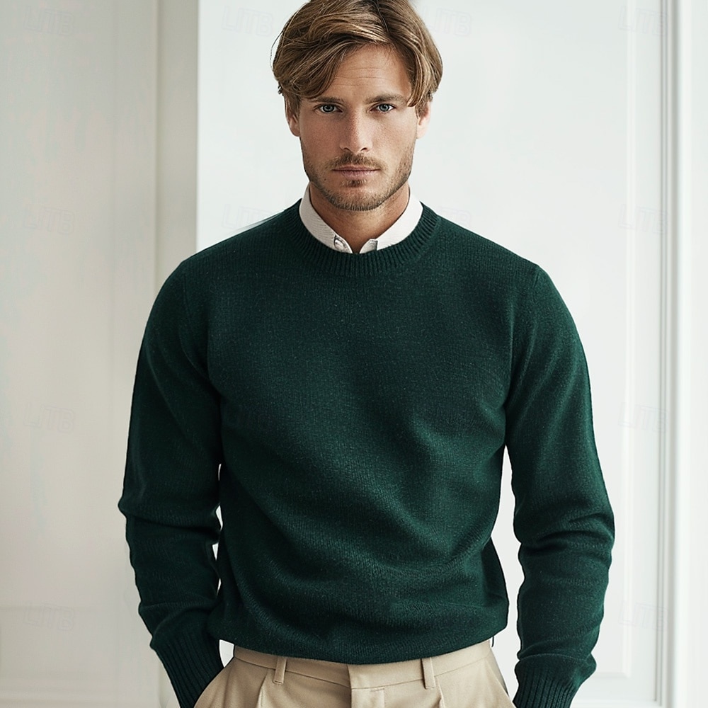Herr Ulltröja Pullover tröja Sticka Ensfärgat Rund hals Stickat Elegant Skola Träning Kläder Höst Vinter Svart Vit S M L 2025 - $36.99 –P1