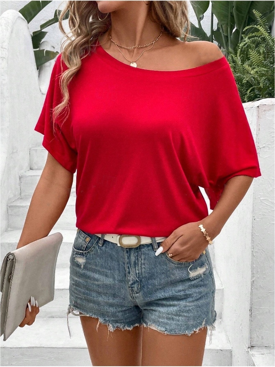 T- shirt pour femmes Couleur Unie Basique Décontractée Manches 3/4 Col Ronde Hauts Quotidiens Noir Rouge Abricot Gris Été Printemps de 2025 ? $17.99 –P1