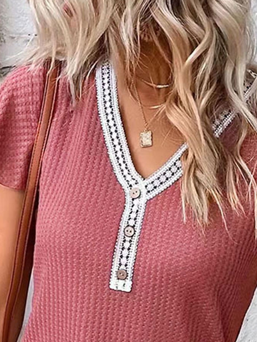 Femme T shirt Plein Mode Moderne Décontractées Manche Courte Col V Hauts réguliers du quotidien Fin de semaine Patchwork Noir Blanche Rose Claire Eté Printemps de 2025 ? $23.99 –P2