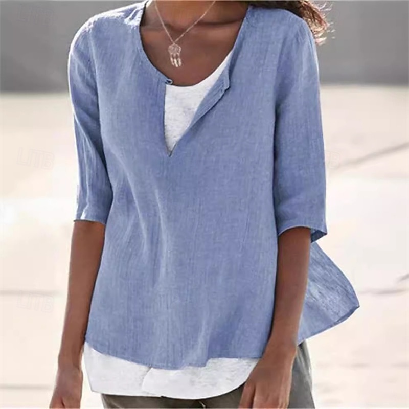Mujer Camisa Camisa de lino Camisas de algodón y lino Plano Diario Elegante Básico Manga 3/4 Escote en Pico Tops regulares Trabajo Diario Festivos Negro Blanco Azul Piscina Primavera Otoño 2025 - $24.99 –P1