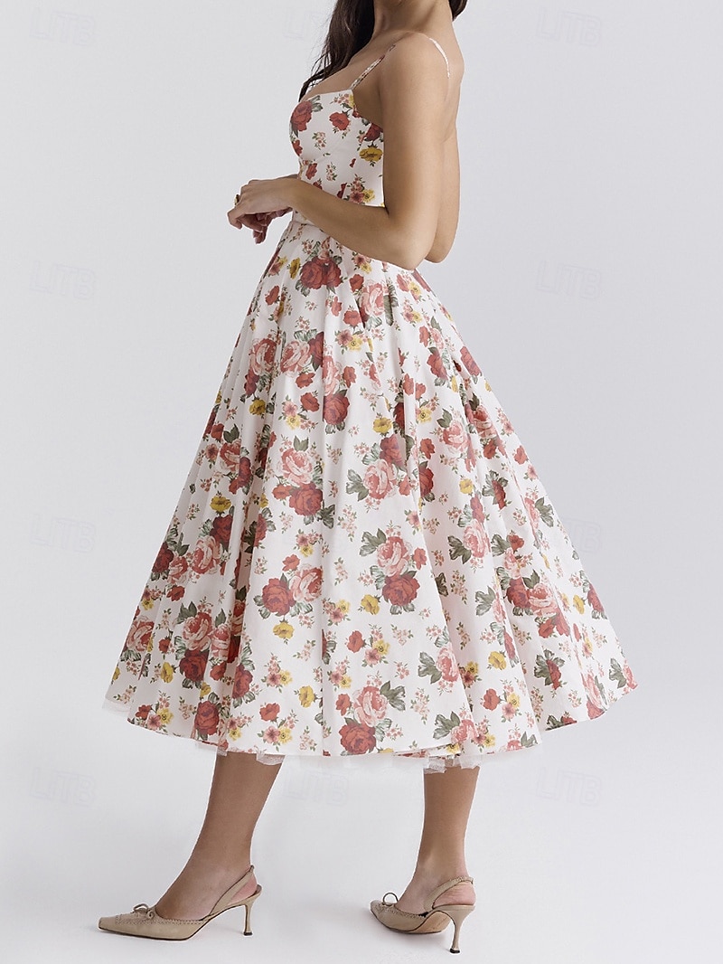 Retro Vintage 1950s Midi Dress Flare Dress Spaghetti Strap Corset Floral A-Line Women's Masquerade Wedding Vacation Tea Party Adults' Dress 2025 - GBP £21 –P6
