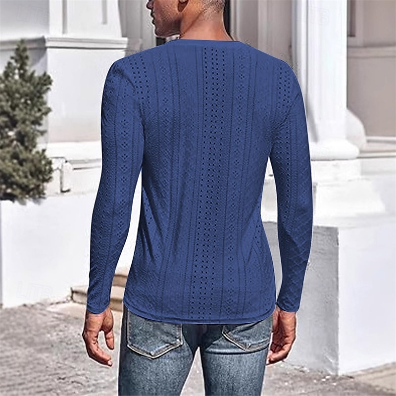 Herren T Shirt T-Shirt Langarmshirt Langarm V Ausschnitt Frühling Herbst Einfach Mode Designer Basic Jacquard Urlaub Straße Ausgehen Schwarz Weiß Blau Top T-Shirt für Herren 2025 - $19.99 –P11