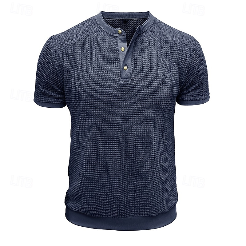 Herre Vaffel Henley-skjorte Henly-skjorte Strikk T-skjorte Kortermet Helfarge عادي Strikketøy Fritid hverdag Knapper Strikket Henley utendørs Avslappet Daglig Sommer Vår & Vinter Svart Hvit Grå 2025 - $20.99 –P11