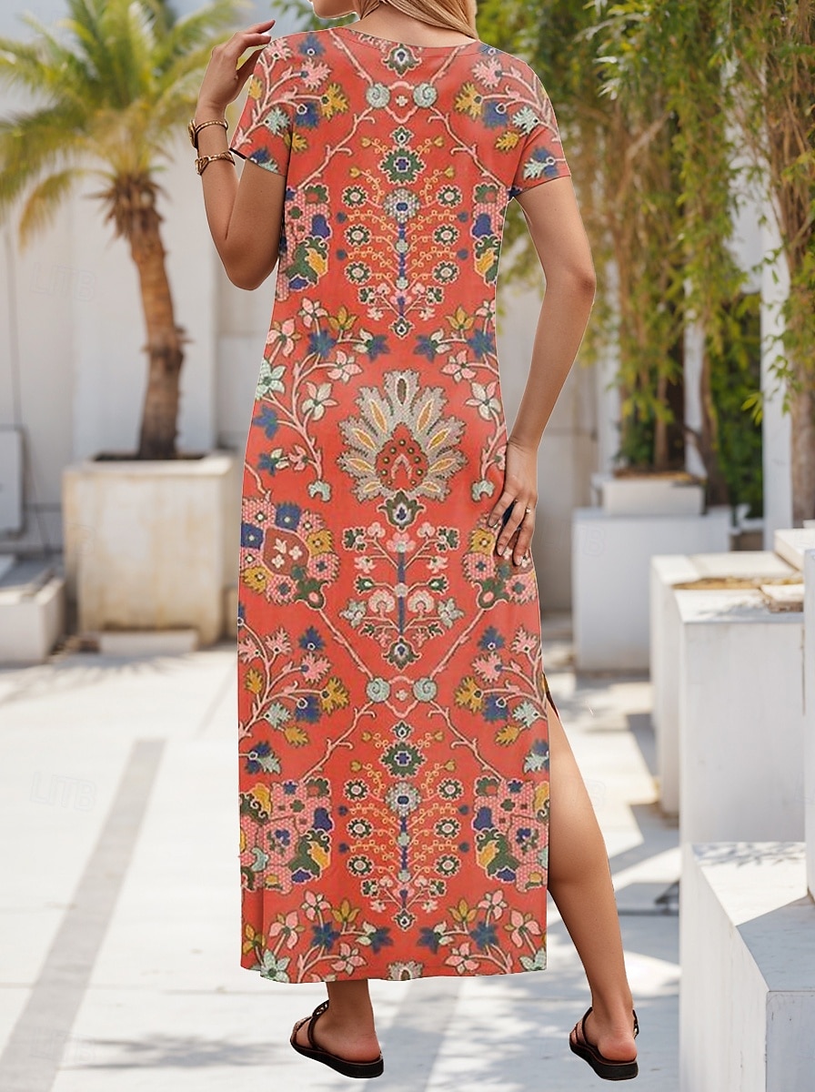 Pentru femei Rochie Maxi Rochie casual Rochie A line Stilat Casual Vacanță Zilnic Fit regulat Floral Manșon scurt În V Portocaliu Primăvară Toamnă 2025 - $28.99 –P3