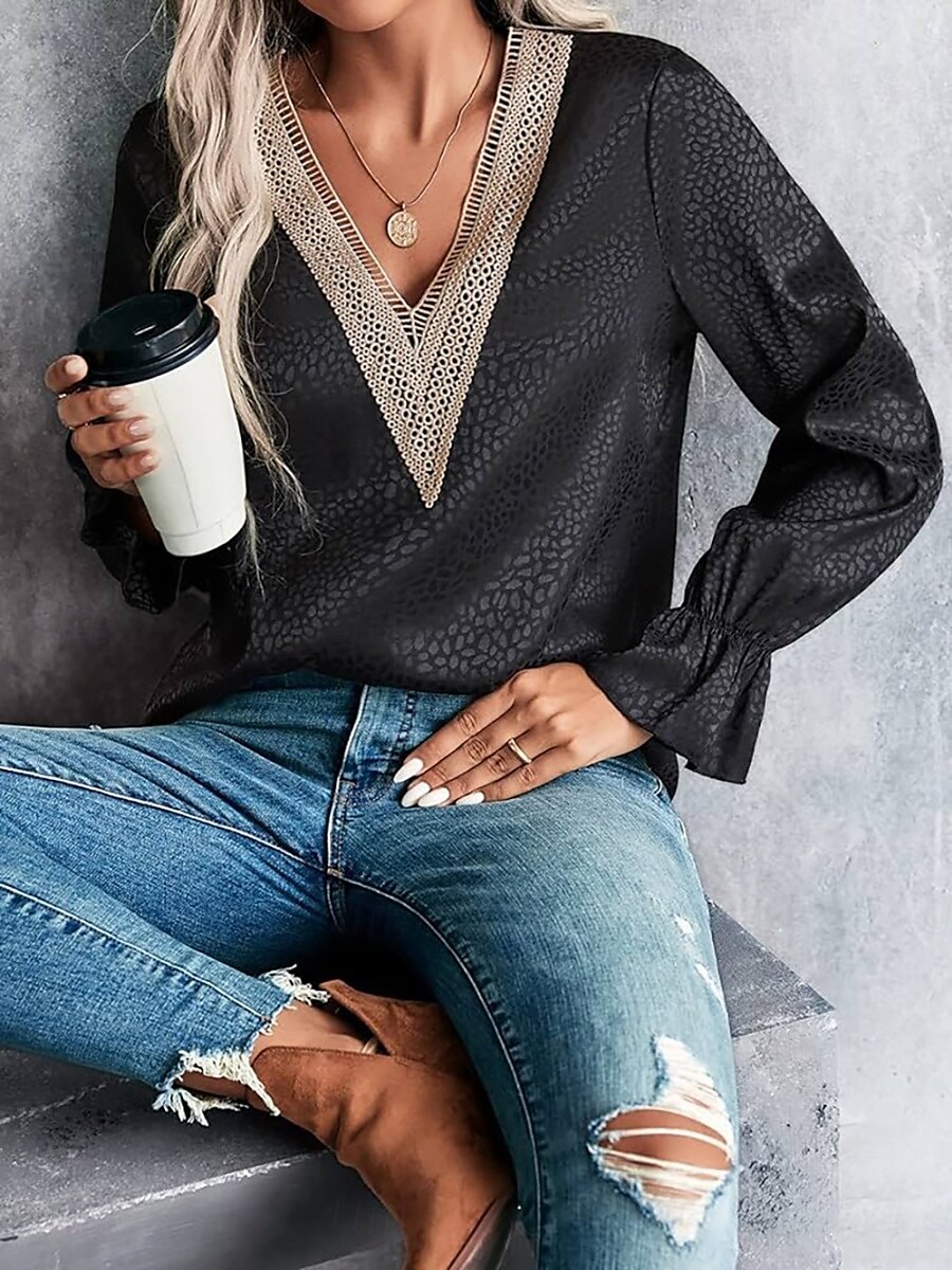 Women's Shirt Blouse Solid Color Stylish Casual Long Sleeve V Neck Regular Tops Daily Lace Patchwork Black Green Summer Spring 2025 - $31.99 –P7