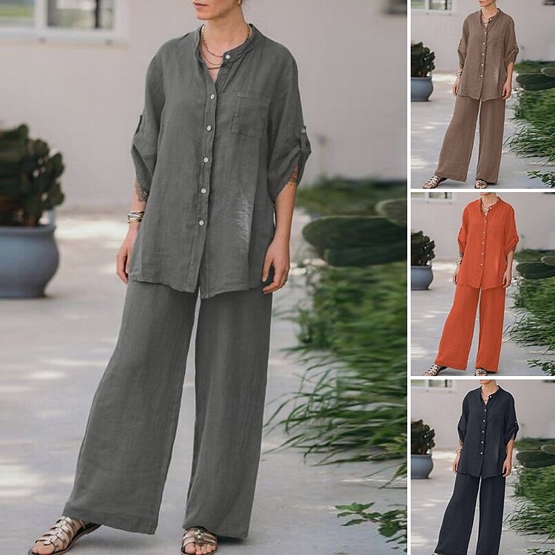 Dam Mode Streetwear Skjorta Linneinspirerade set Tvådelade set Linne Byxor Byxor Långärmad Hög krage Ensfärgat Dagliga kläder Datum Marinblå Orange Vår Normal 2025 - $28.99 –P1